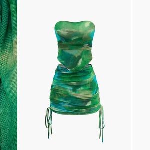 Tie Dye Mesh Tube Top And Ruched Drawstring Mini Skirt Set